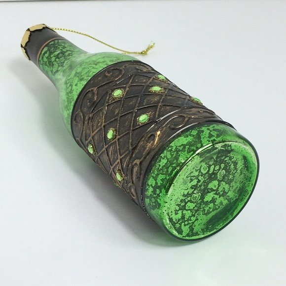 Wine Bottle Christmas Holiday Glass Ornament With Stones Green Ornate 6" Hanging - Picture 5 of 12